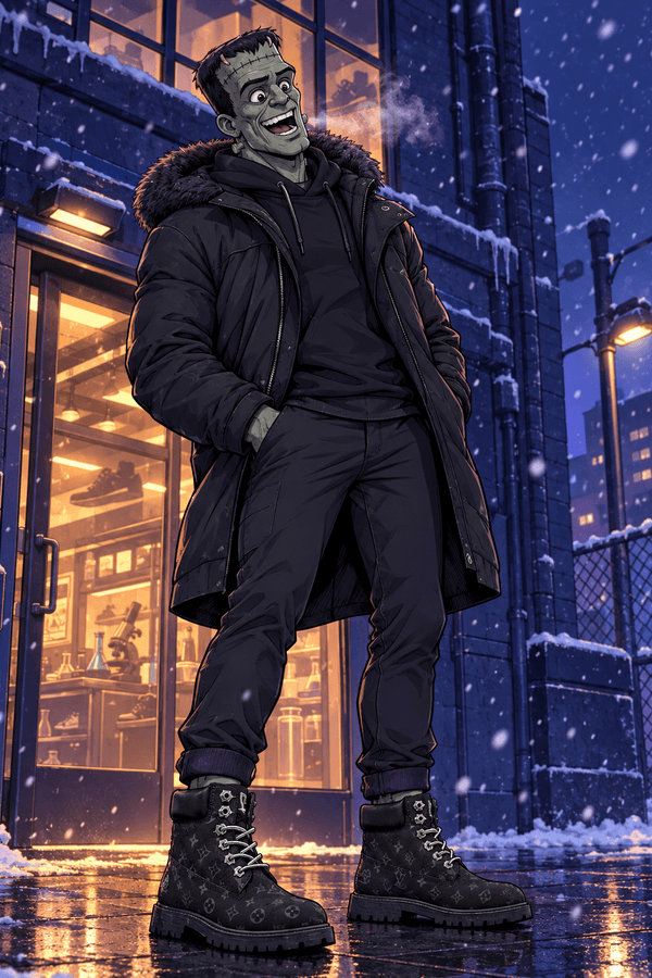Frankie outside the Lab wearing black patterned boots