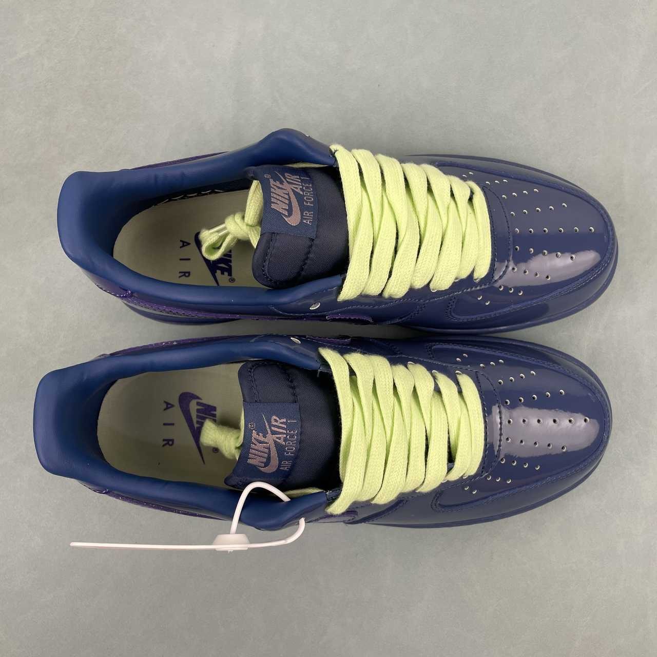 AF1-036 Tonal Navy Patent – lateral side profile, lime laces and navy patent upper with purple swoosh