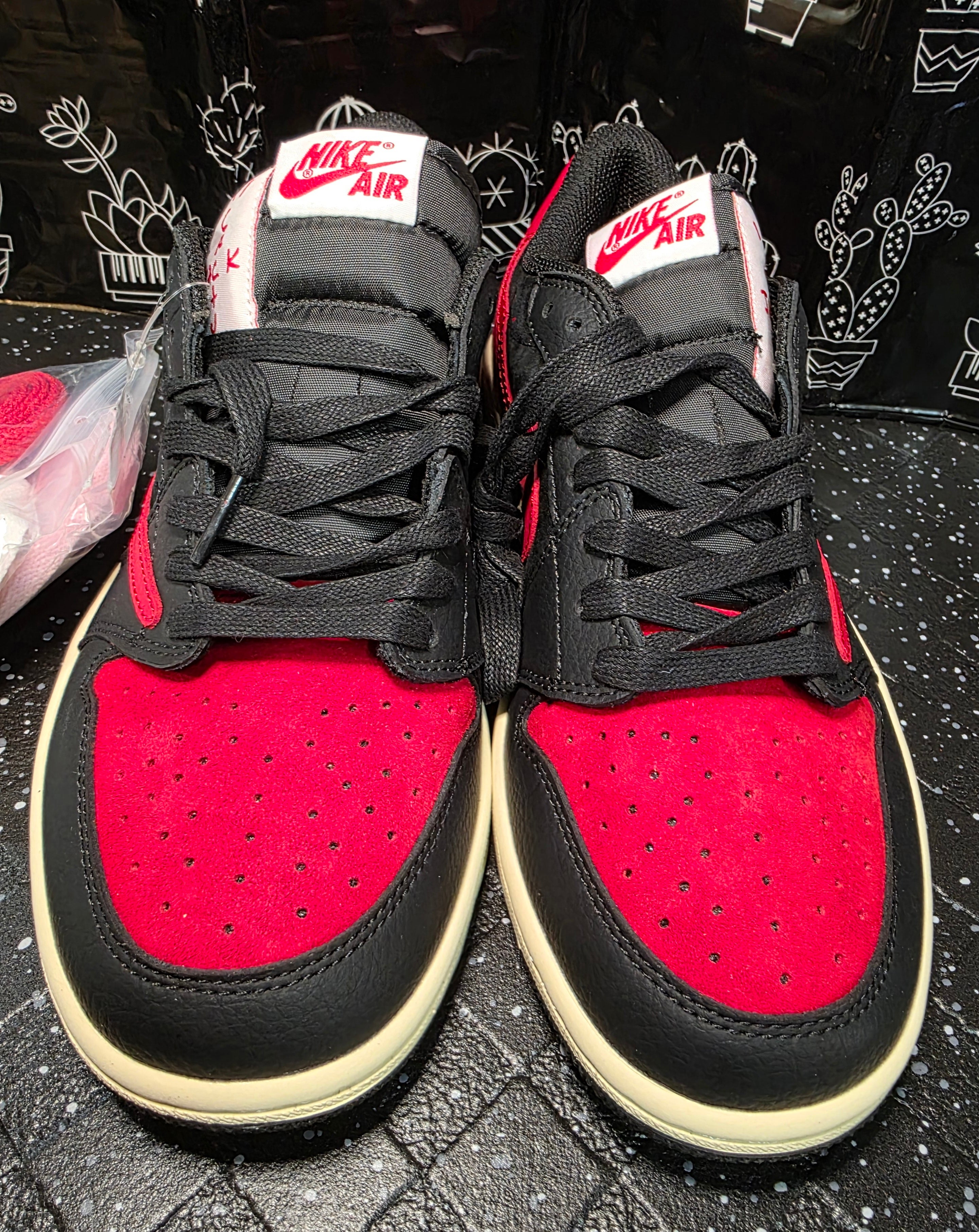 Jordan 1 Low “Travis Scott Inspired Design – Bred.”  Fantasy Colorway — Top Tier — US 9 — New