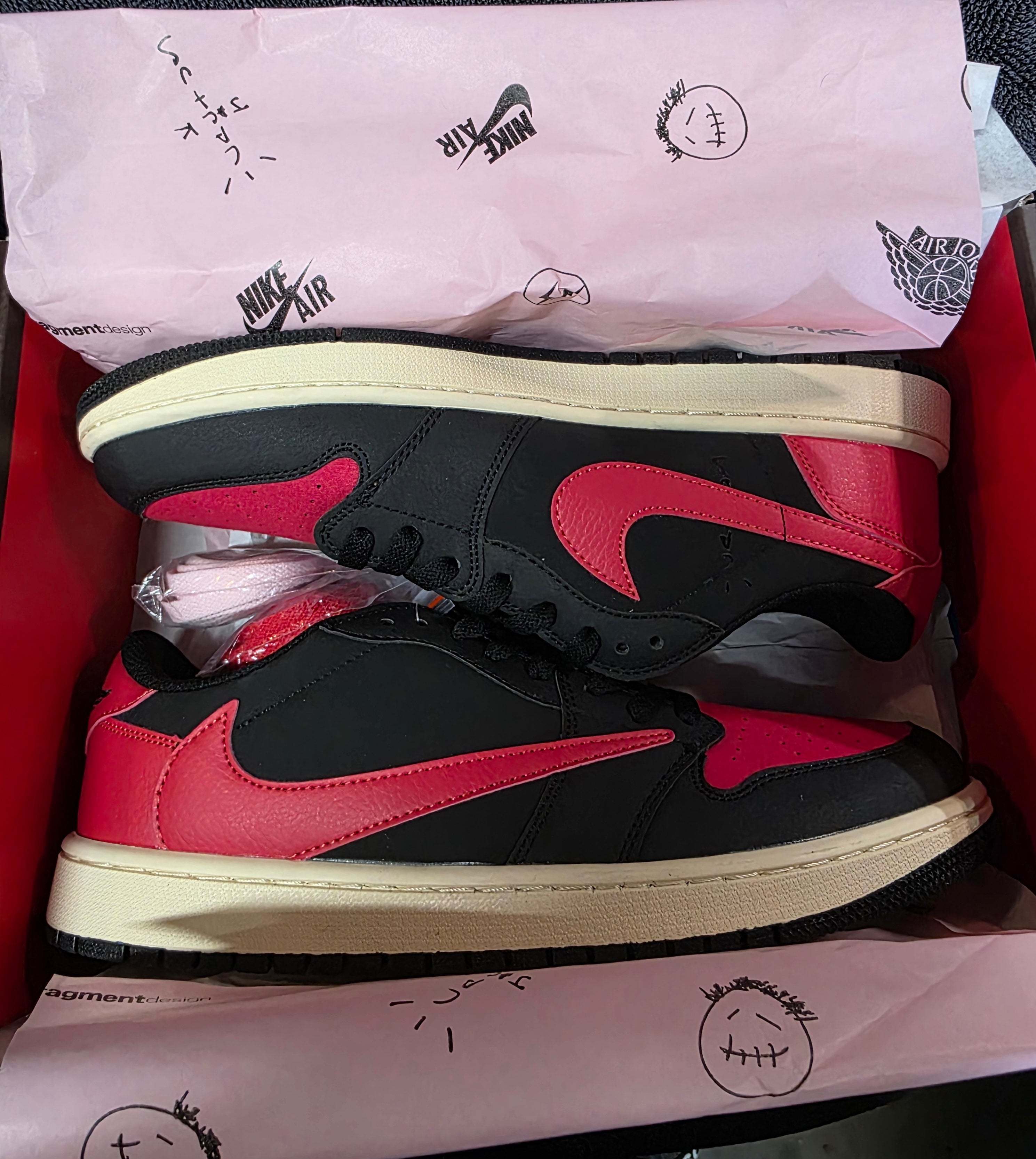 Jordan 1 Low “Travis Scott Inspired Design – Bred.”  Fantasy Colorway — US 11 &12 — New