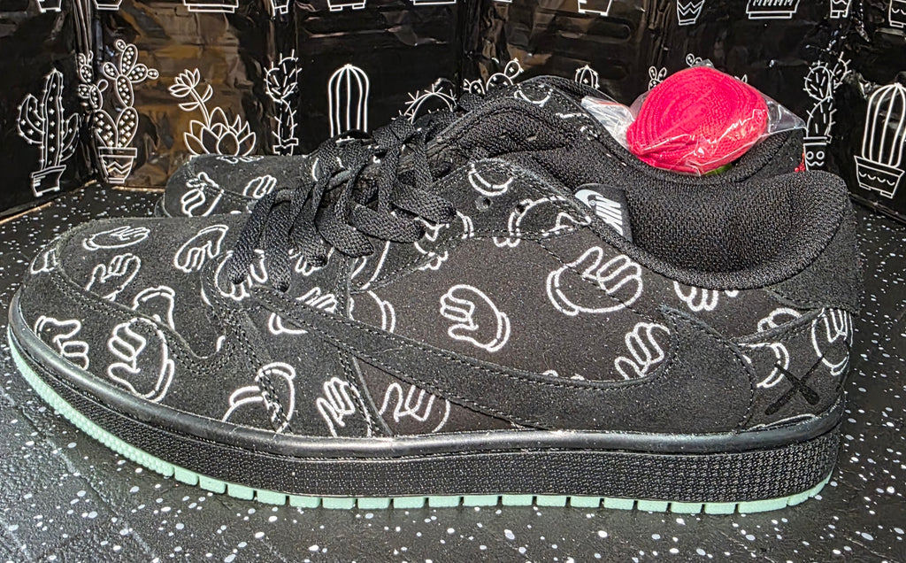 Jordan 1 Low “Travis Scott × KAWS – Black Suede” — Design Inspired — US 11