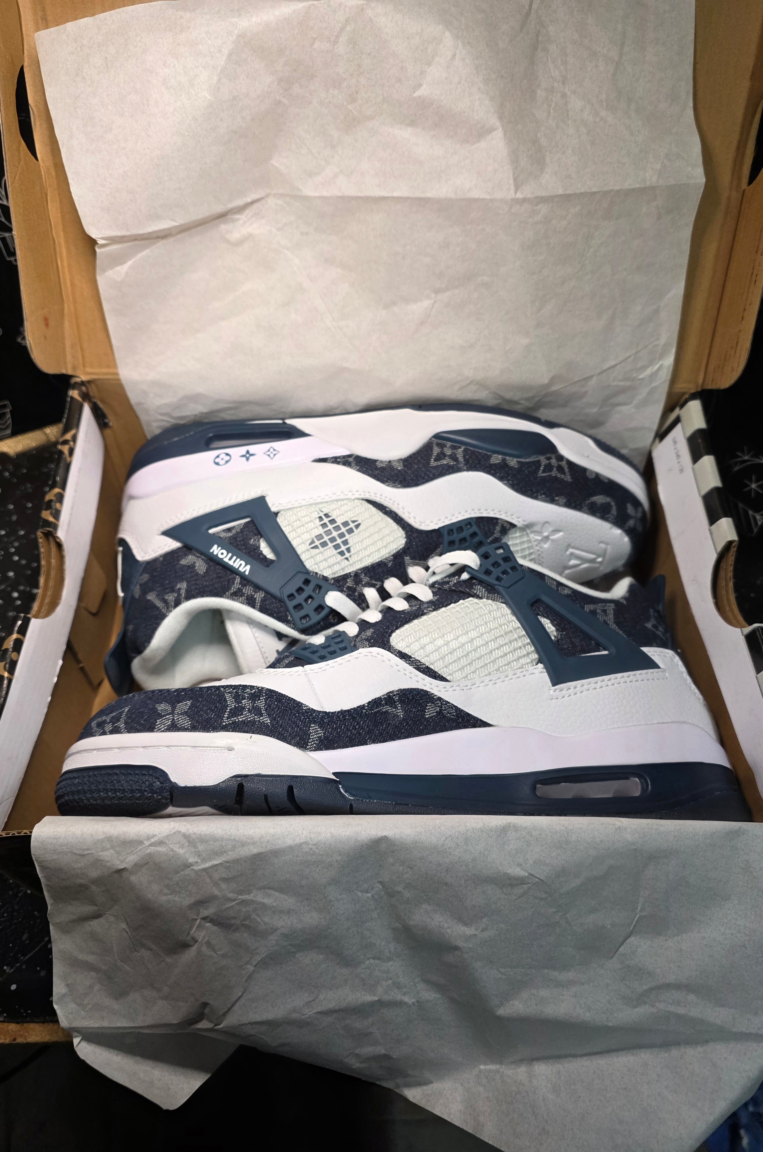 Jordan 4 “LV Denim.” Fantasy Designer Collab  US 11 — New (Custom Box Included)