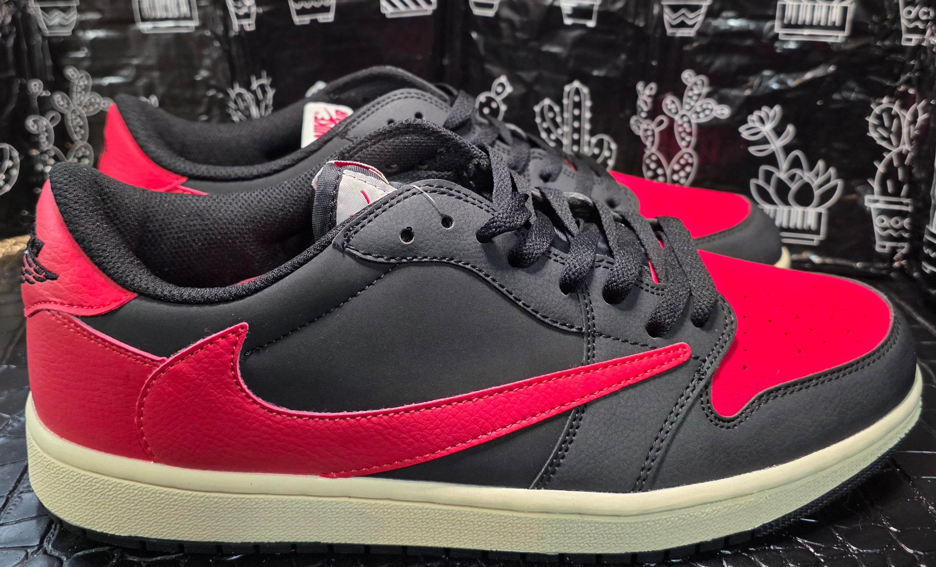 Jordan 1 Low “Travis Scott Inspired Design – Bred.”  Fantasy Colorway — US 11 &12 — New