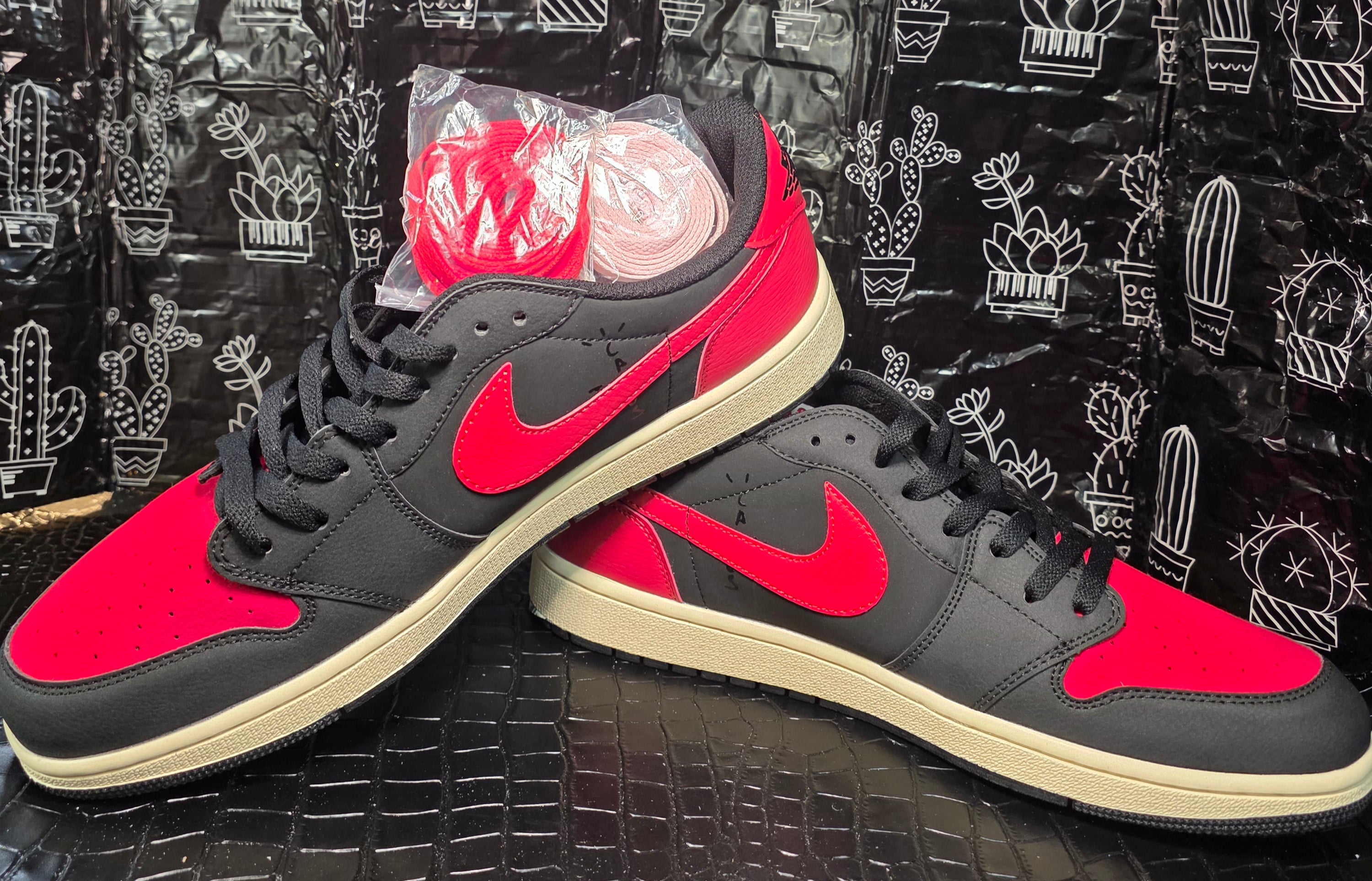 Jordan 1 Low “Travis Scott Inspired Design – Bred.”  Fantasy Colorway — US 11 &12 — New