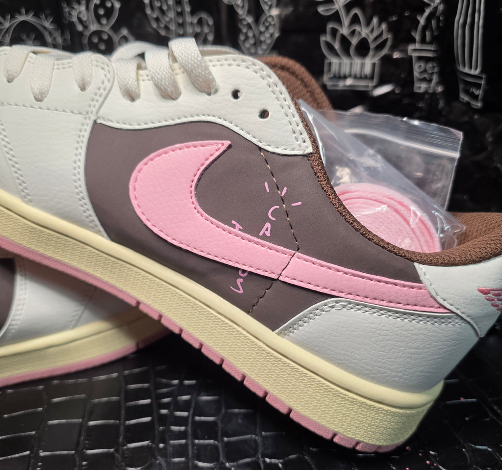 Jordan 1 Low “Travis Scott" Inspired Design – Cream, Brown & Pink.  "Fantasy" Colorway — US 11 — New