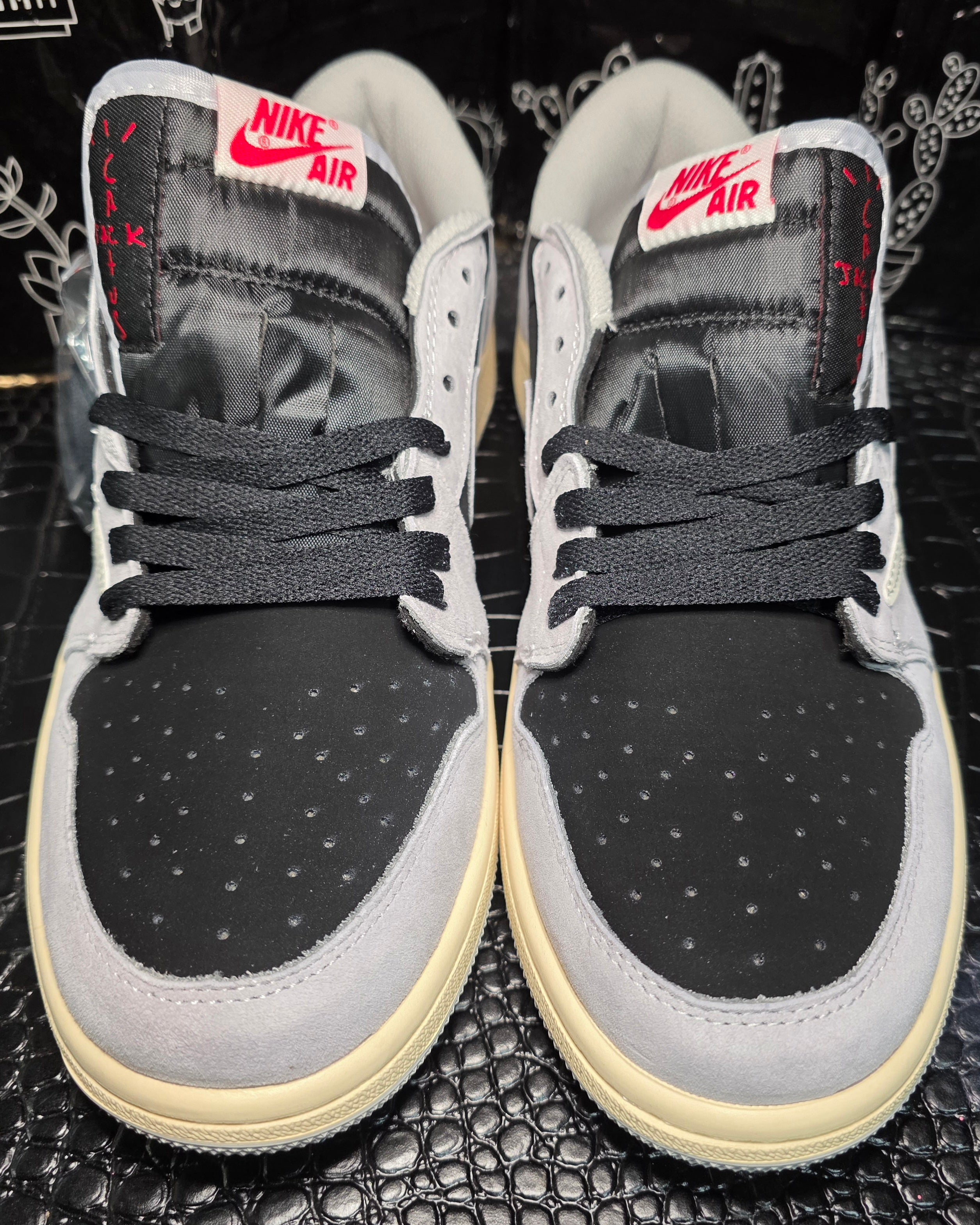 Jordan 1 Low “Travis Scott Inspired design – Light Gray & Black.”  Fantasy Colorway — Upper Mid Tier — US 11 &amp; 12 — New (No Box)