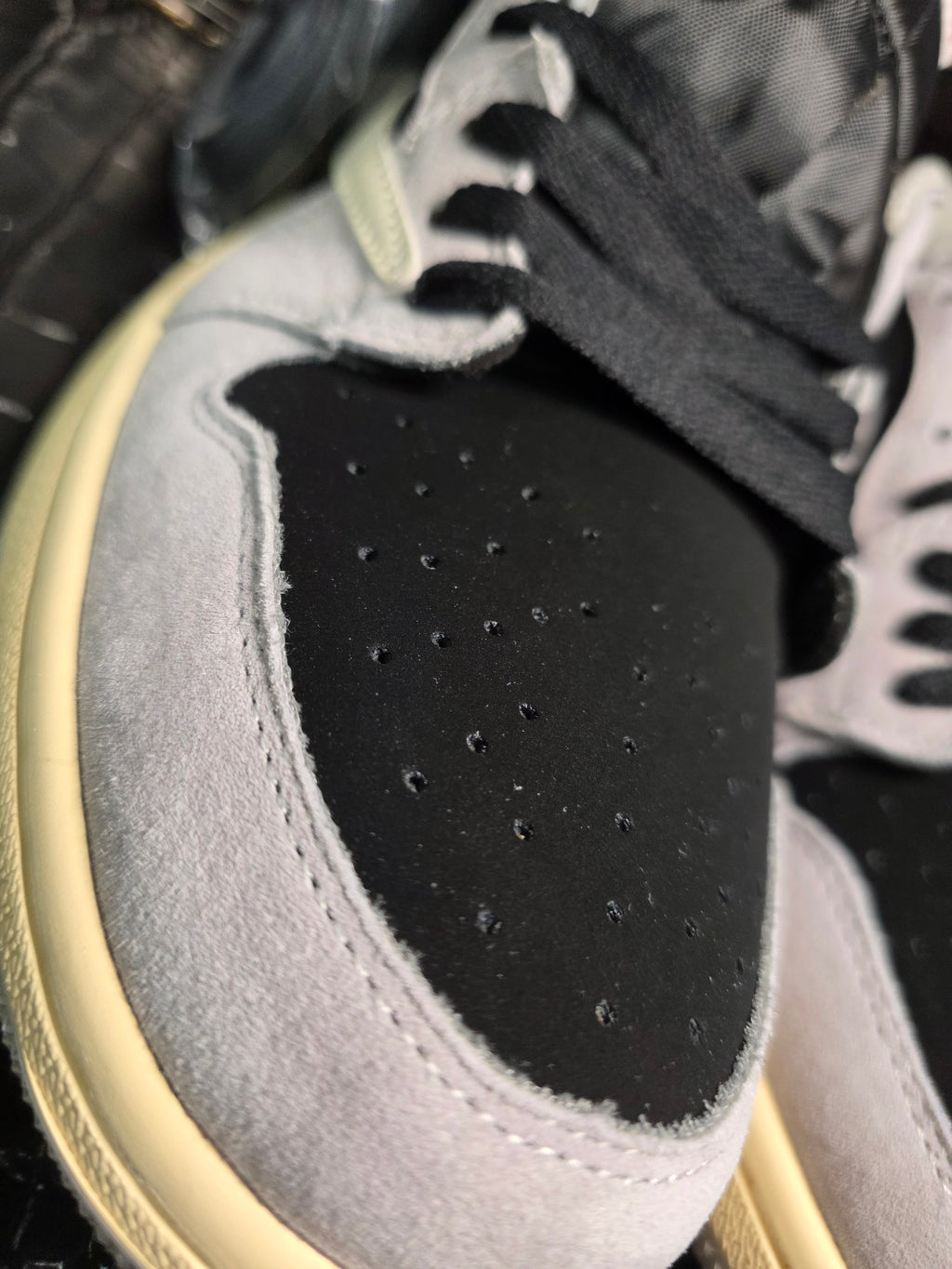 Jordan 1 Low “Travis Scott Inspired design – Light Gray & Black.”  Fantasy Colorway — Upper Mid Tier — US 11 &amp; 12 — New (No Box)