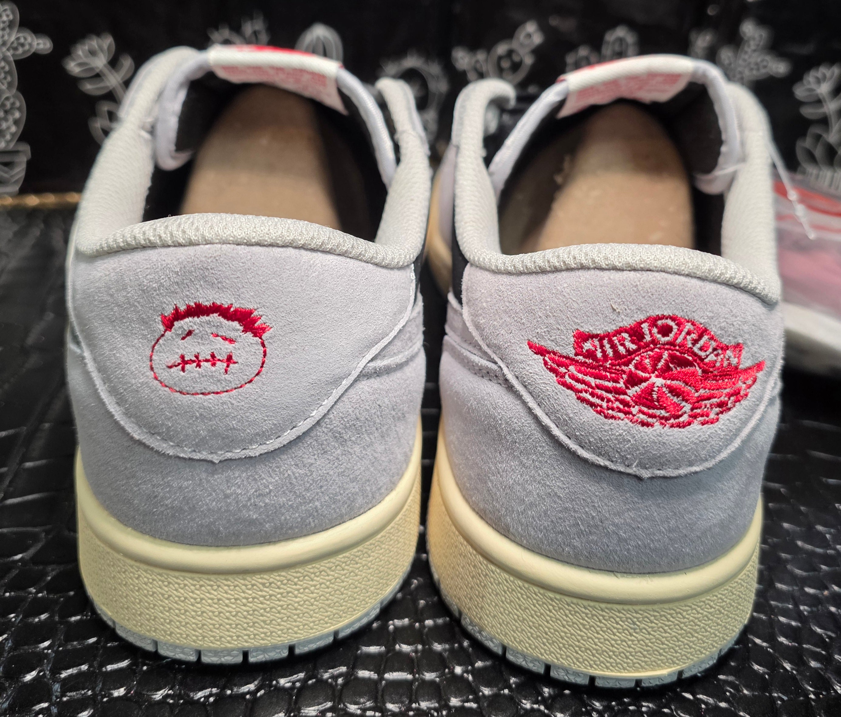 Jordan 1 Low “Travis Scott Inspired design – Light Gray & Black.”  Fantasy Colorway — Upper Mid Tier — US 11 &amp; 12 — New (No Box)