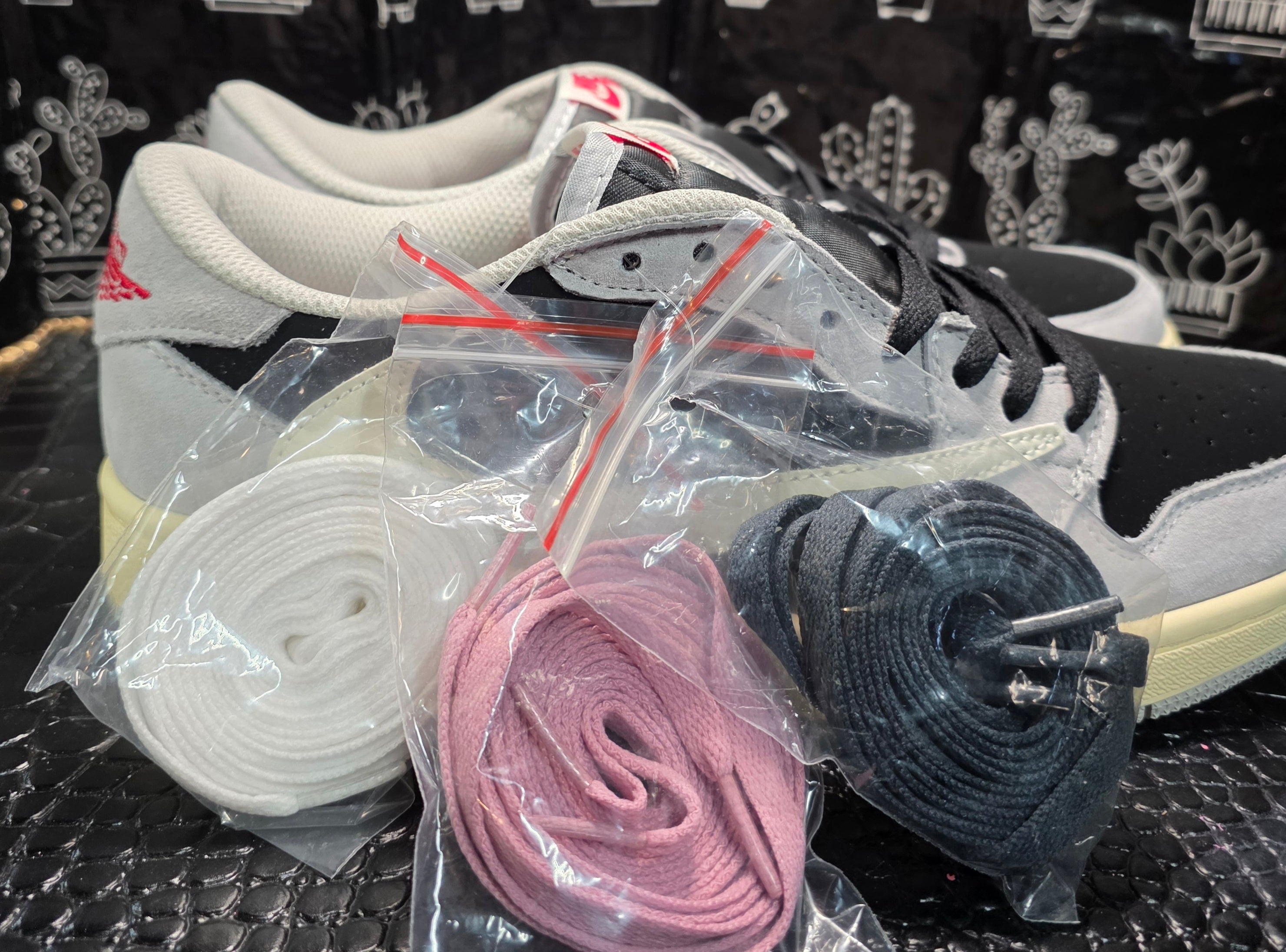 Jordan 1 Low “Travis Scott Inspired design – Light Gray & Black.”  Fantasy Colorway — Upper Mid Tier — US 11 &amp; 12 — New (No Box)