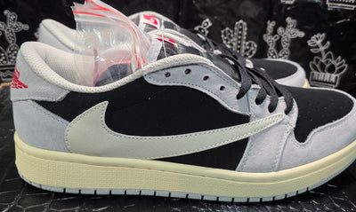 Jordan 1 Low “Travis Scott Inspired design – Light Gray & Black.”  Fantasy Colorway — Upper Mid Tier — US 11 & 12 — New (No Box)
