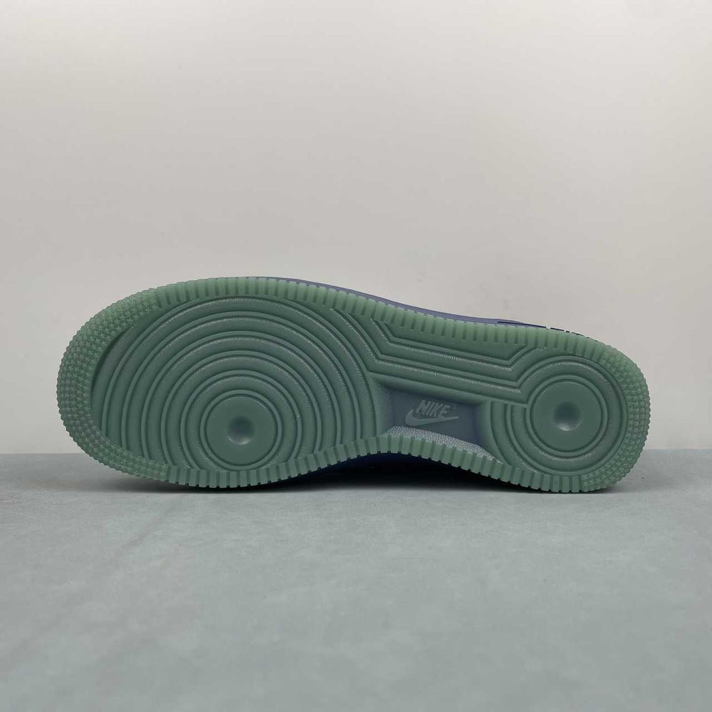 AF1-036 Tonal Navy Patent – outsole view showing full translucent sage green AF1 tread pattern