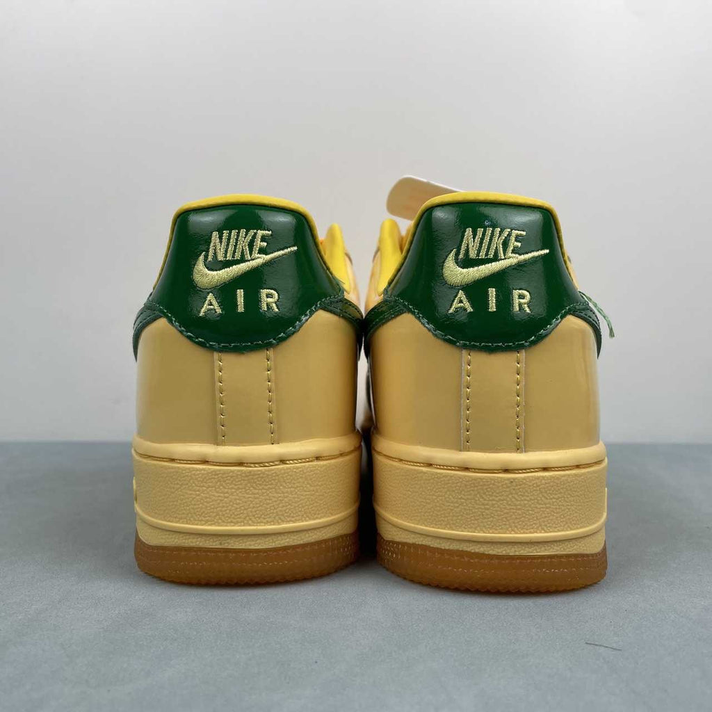 AF1-038 Vanilla Forest Patent – lateral side profile showing full silhouette, forest green patent swoosh, and honey gum outsole