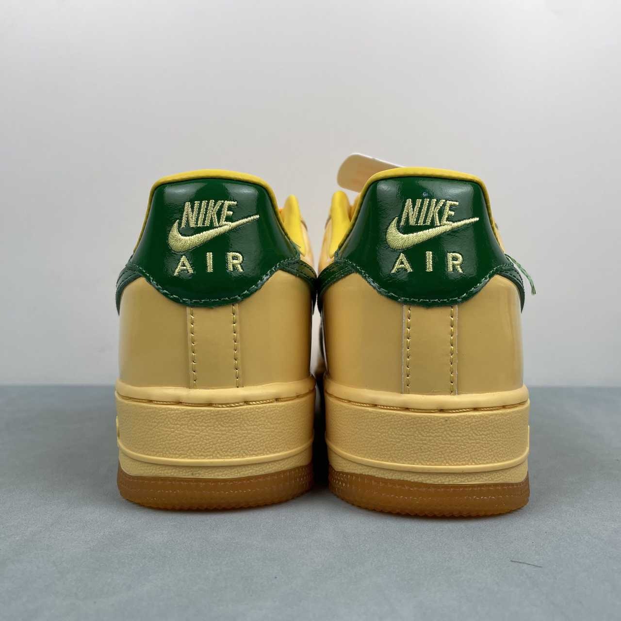 AF1-038 Vanilla Forest Patent – lateral side profile showing full silhouette, forest green patent swoosh, and honey gum outsole