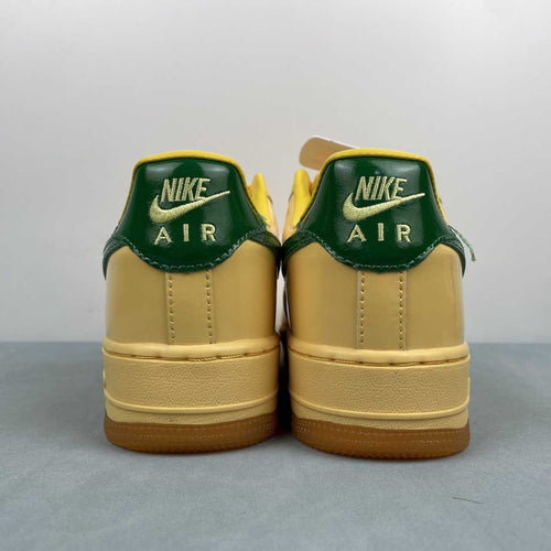 AF1-038 Vanilla Forest Patent – lateral side profile showing full silhouette, forest green patent swoosh, and honey gum outsole