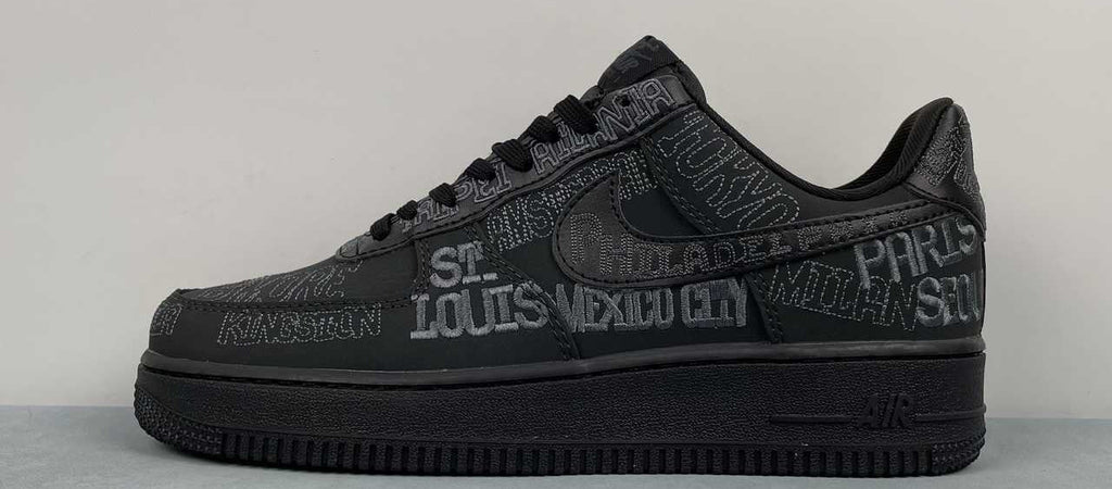 AF1-030 World Tour '82 – pair with box, medial side showing Houston, Milan, Paris, Tokyo embroidery
