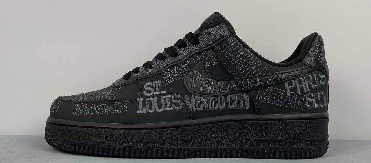 AF1-030 World Tour '82 – pair with box, medial side showing Houston, Milan, Paris, Tokyo embroidery