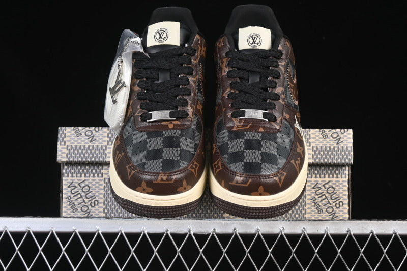 Nike Air Force 1 “LV Tribute – Dual Print” — Brown / Checkerboard — Design‑Inspired - AF1‑012