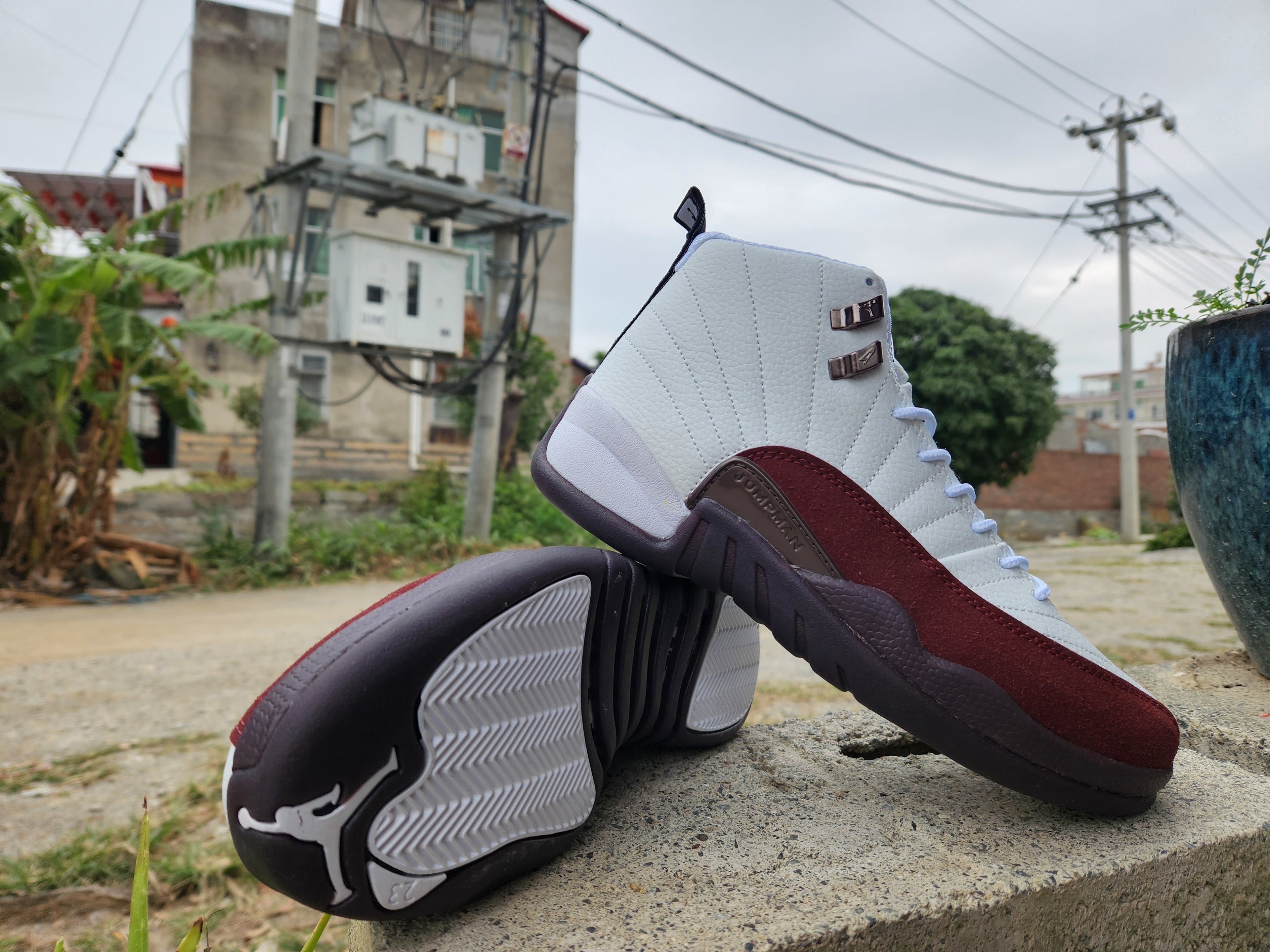 1200 — Jordan 12 “A Ma Maniére” — White/Burgundy — Design‑Inspired