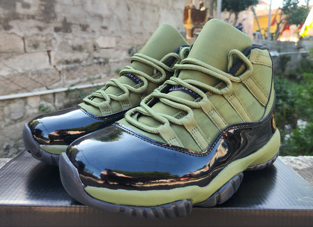 Jordan 11 – Design-Inspired "Army Green / Black Patent" Custom Tribute Build AJ11-ARMYGREEN-1103