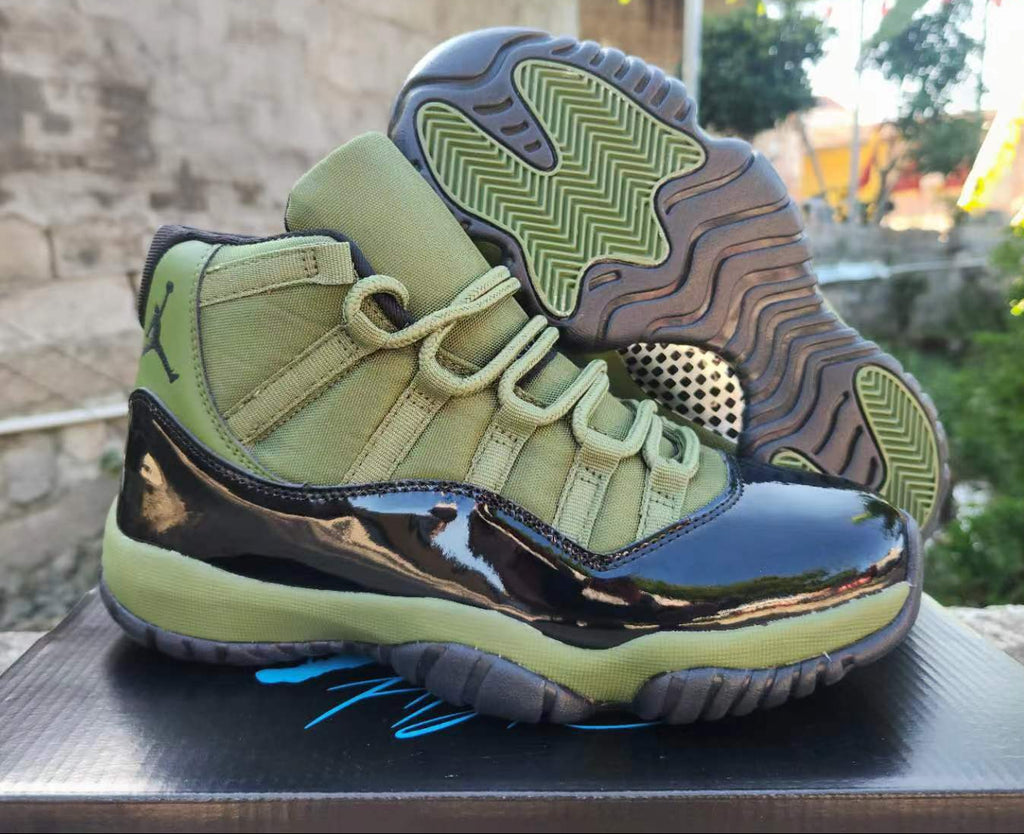 Jordan 11 – Design-Inspired "Army Green / Black Patent" Custom Tribute Build AJ11-ARMYGREEN-1103