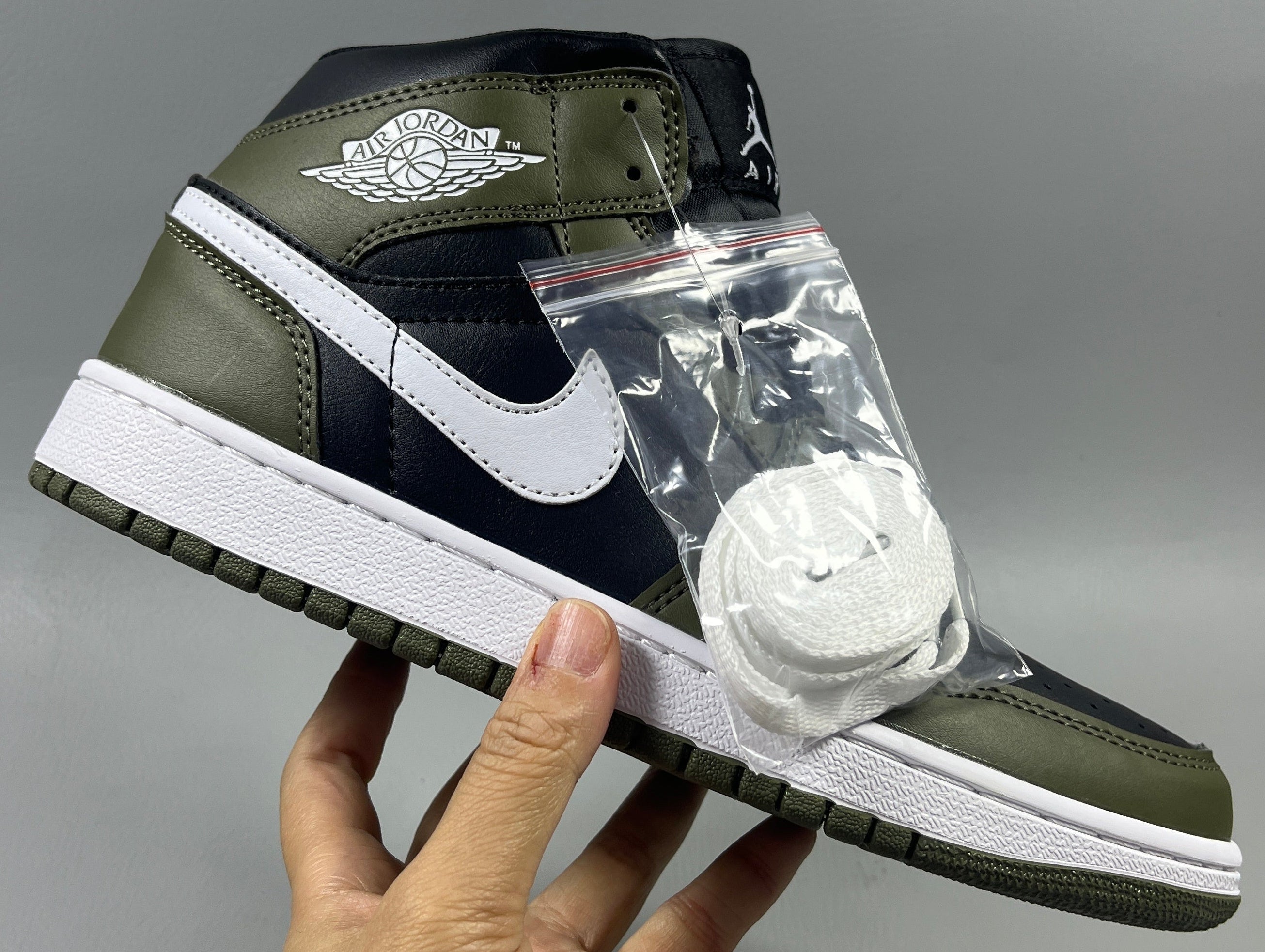 004 — Jordan 1 Mid “Black White Olive” — Design Inspired Sneaker