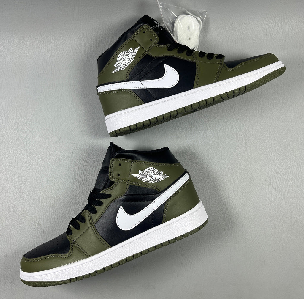 Jordan 1 Mid – Design-Inspired "Black White Olive" Custom Tribute Build AJ1-OLVB-MID-004