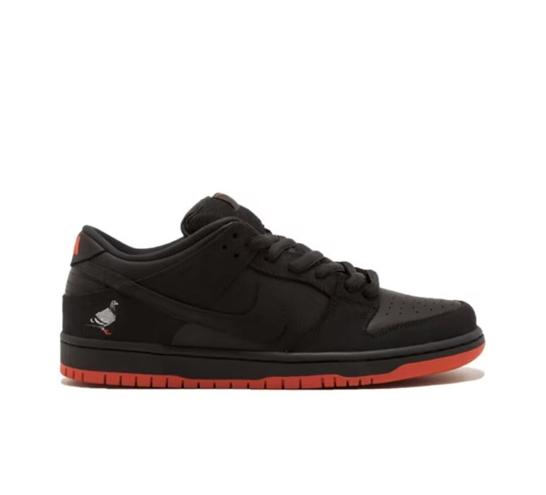 SBDNK‑002 — Nike SB Dunk Low “Black Pigeon — Red Bottom” — Black/Red — Design‑Inspired