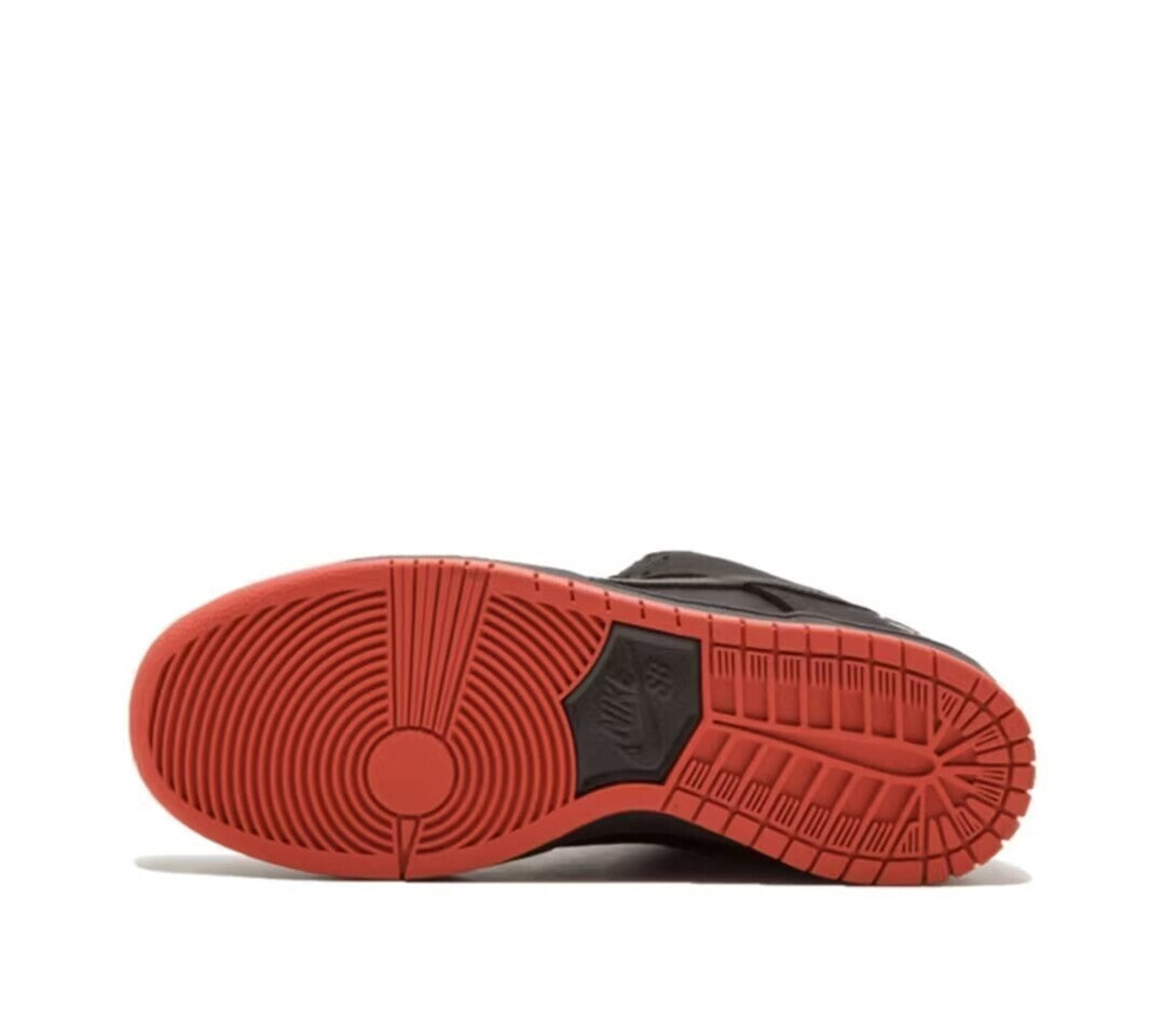 SBDNK‑002 — Nike SB Dunk Low “Black Pigeon — Red Bottom” — Black/Red — Design‑Inspired