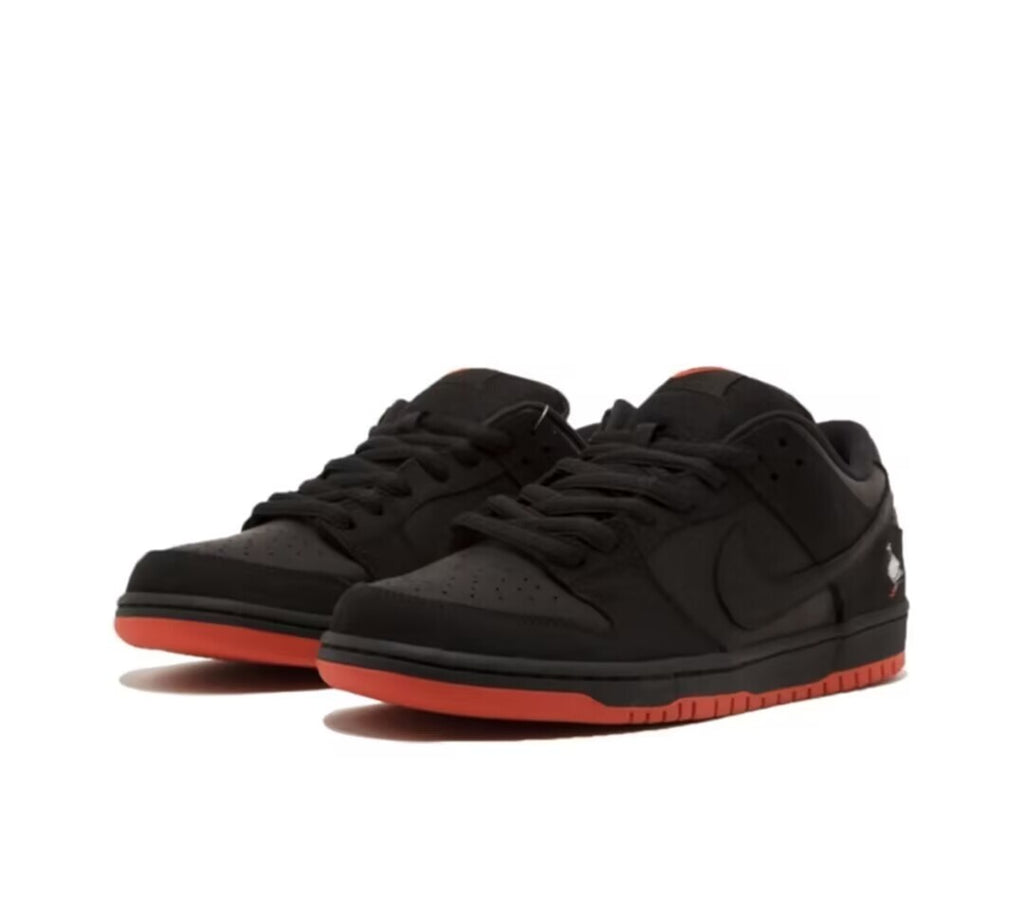 SBDNK‑002 — Nike SB Dunk Low “Black Pigeon — Red Bottom” — Black/Red — Design‑Inspired