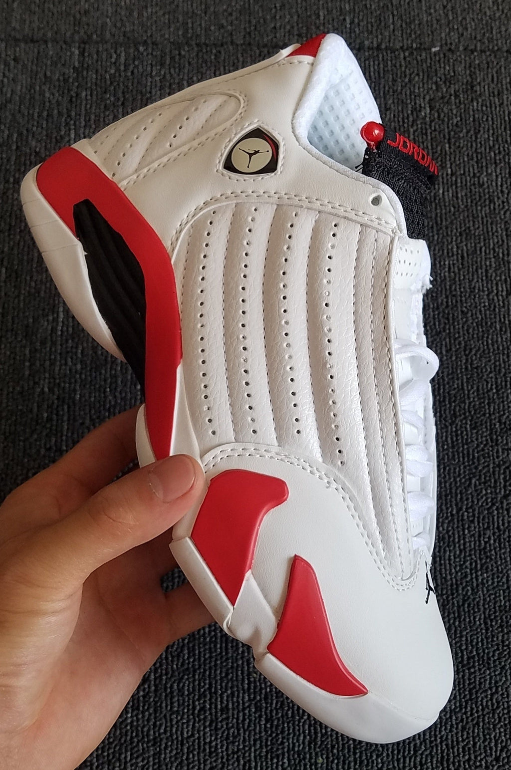 1401 — Jordan 14 “Candy Cane” — White/Varsity Red/Black — Design‑Inspired