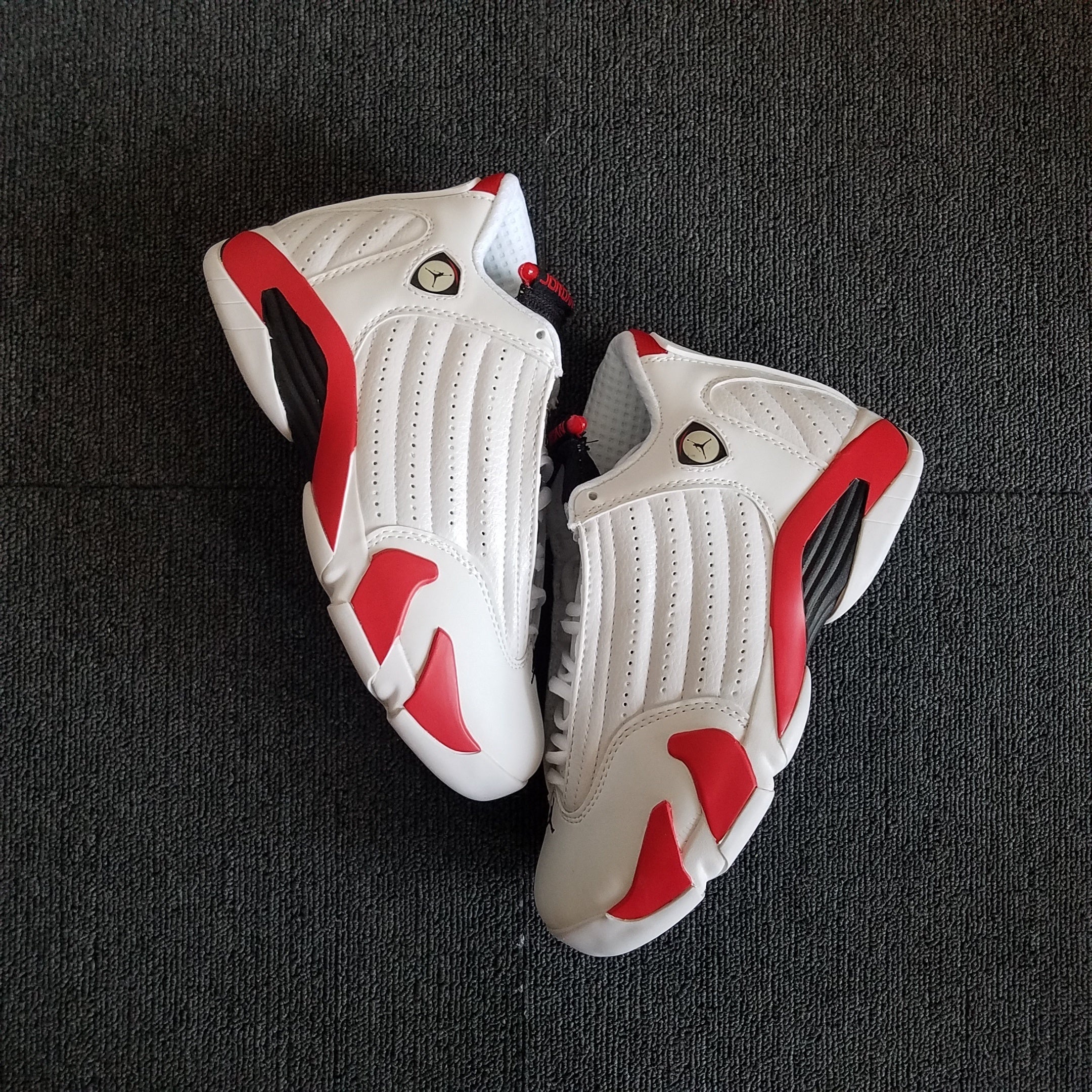 1401 — Jordan 14 “Candy Cane” — White/Varsity Red/Black — Design‑Inspired