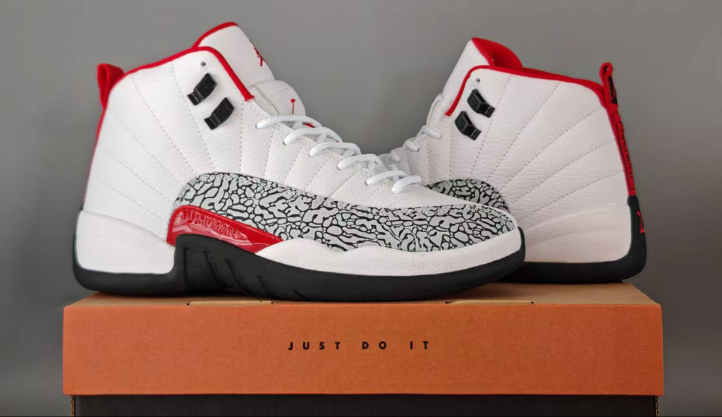 1206 — Jordan 12 “Elephant Print” — White/Red/Black — Design‑Inspired