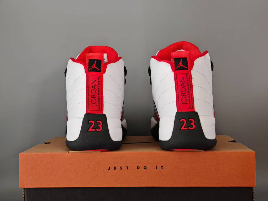1206 — Jordan 12 “Elephant Print” — White/Red/Black — Design‑Inspired