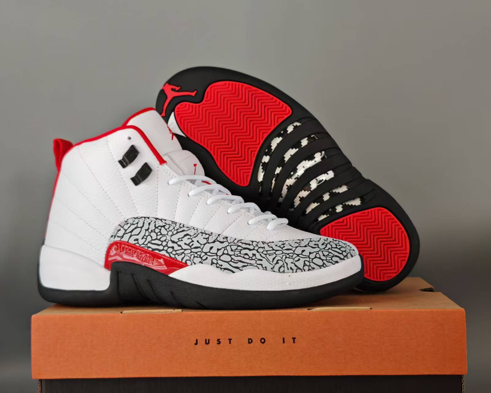 1206 — Jordan 12 “Elephant Print” — White/Red/Black — Design‑Inspired