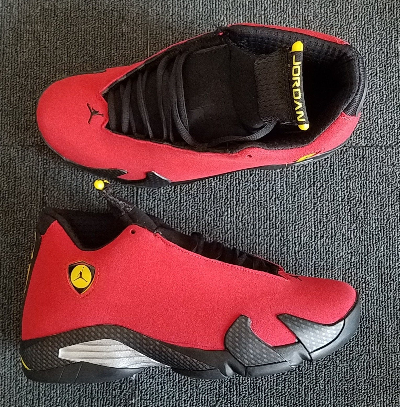 1402 — Jordan 14 “Red Ferrari” — Varsity Red/Black/Carbon — Design‑Inspired