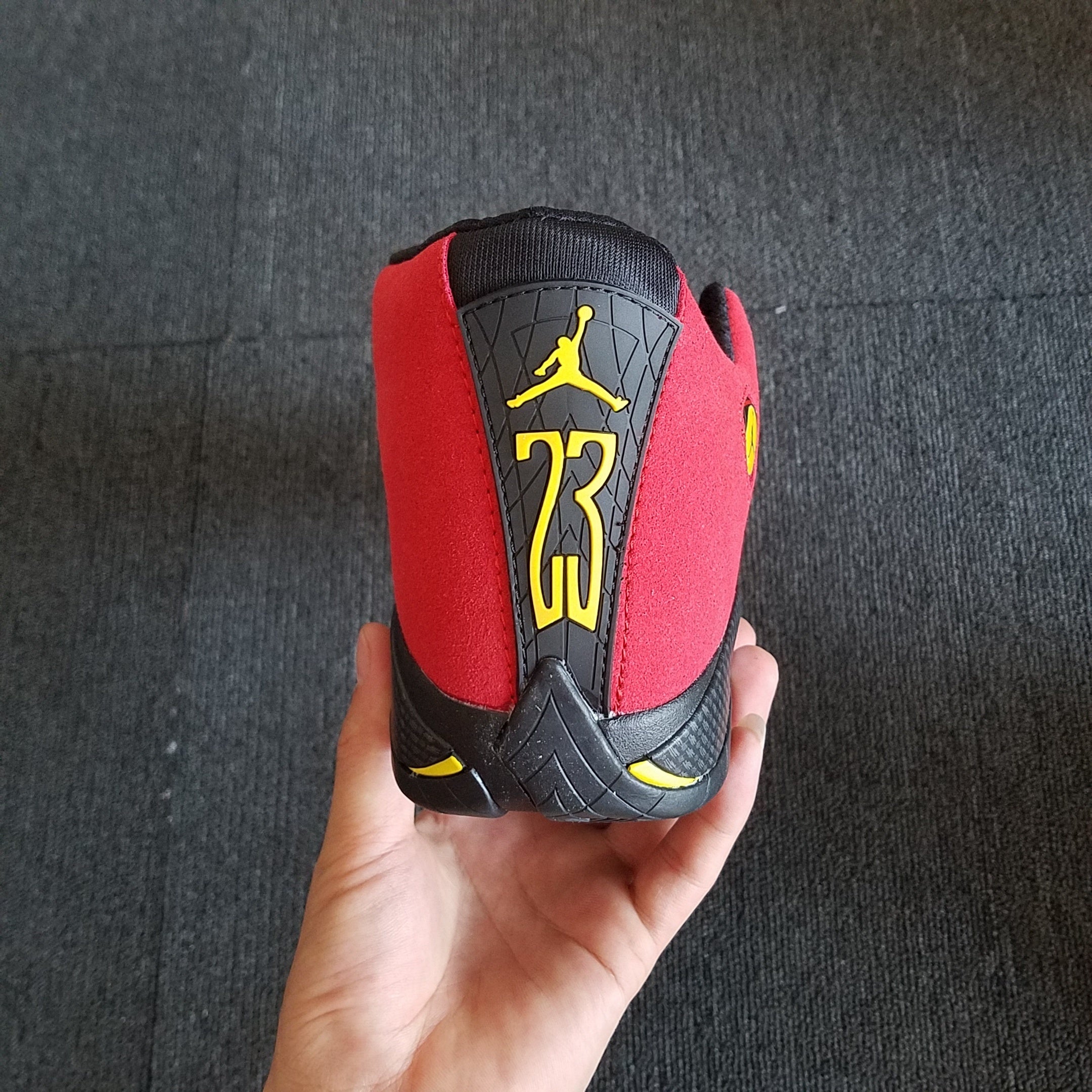 1402 — Jordan 14 “Red Ferrari” — Varsity Red/Black/Carbon — Design‑Inspired