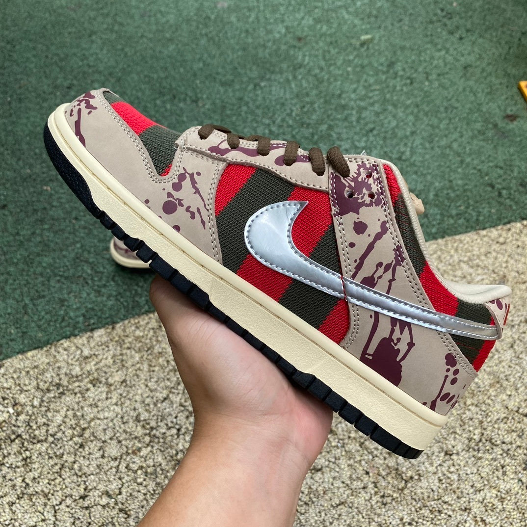 SBDNK‑008 — Nike SB Dunk Low “Freddy Krueger” — Taupe/Red/Green/Silver — Design‑Inspired