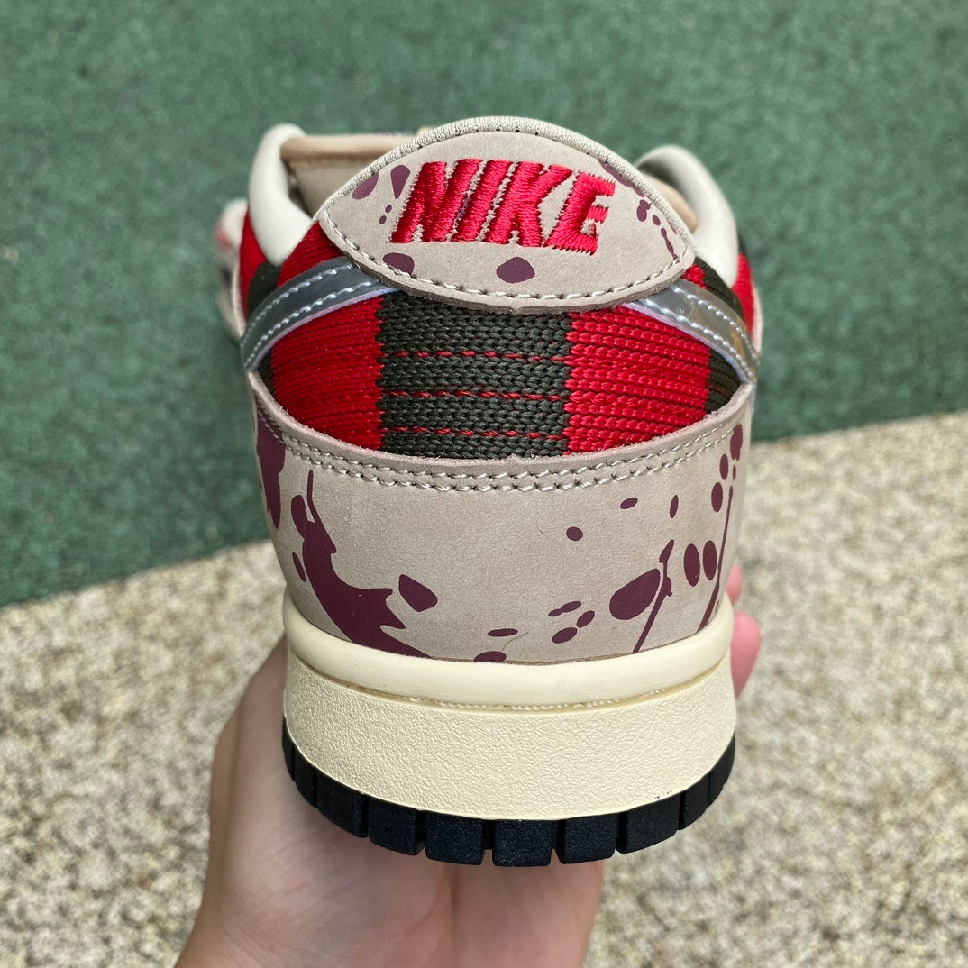 SBDNK‑008 — Nike SB Dunk Low “Freddy Krueger” — Taupe/Red/Green/Silver — Design‑Inspired