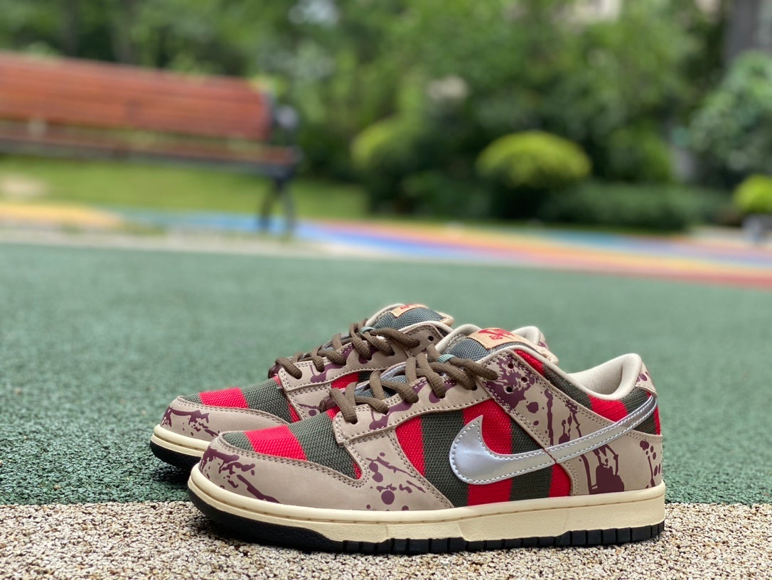 SBDNK‑008 — Nike SB Dunk Low “Freddy Krueger” — Taupe/Red/Green/Silver — Design‑Inspired