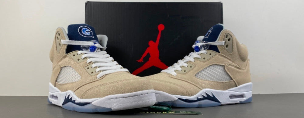 Jordan 5 Design-Inspired - "Hoyas PE" "Khaki & Navy" Custom Tribute - AJ5-HOYAPE-529D