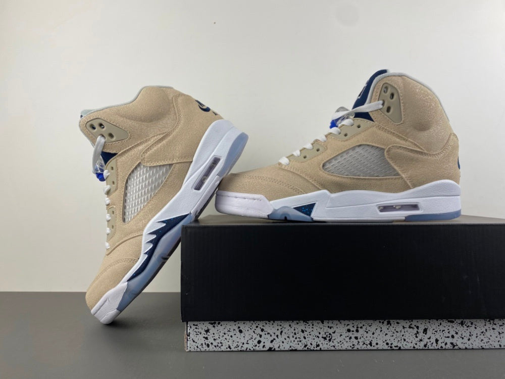 Jordan 5 Design-Inspired - "Hoyas PE" "Khaki & Navy" Custom Tribute - AJ5-HOYAPE-529D