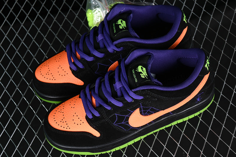 SBDNK‑019 — Nike SB Dunk Low “Night of Mischief” — Black/Orange/Purple/Volt — Design‑Inspired