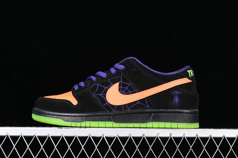 SBDNK‑019 — Nike SB Dunk Low “Night of Mischief” — Black/Orange/Purple/Volt — Design‑Inspired