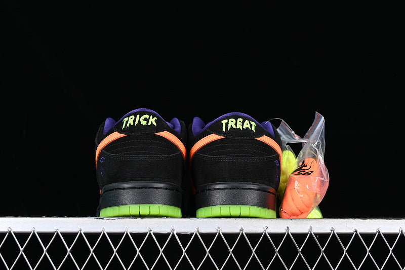 SBDNK‑019 — Nike SB Dunk Low “Night of Mischief” — Black/Orange/Purple/Volt — Design‑Inspired