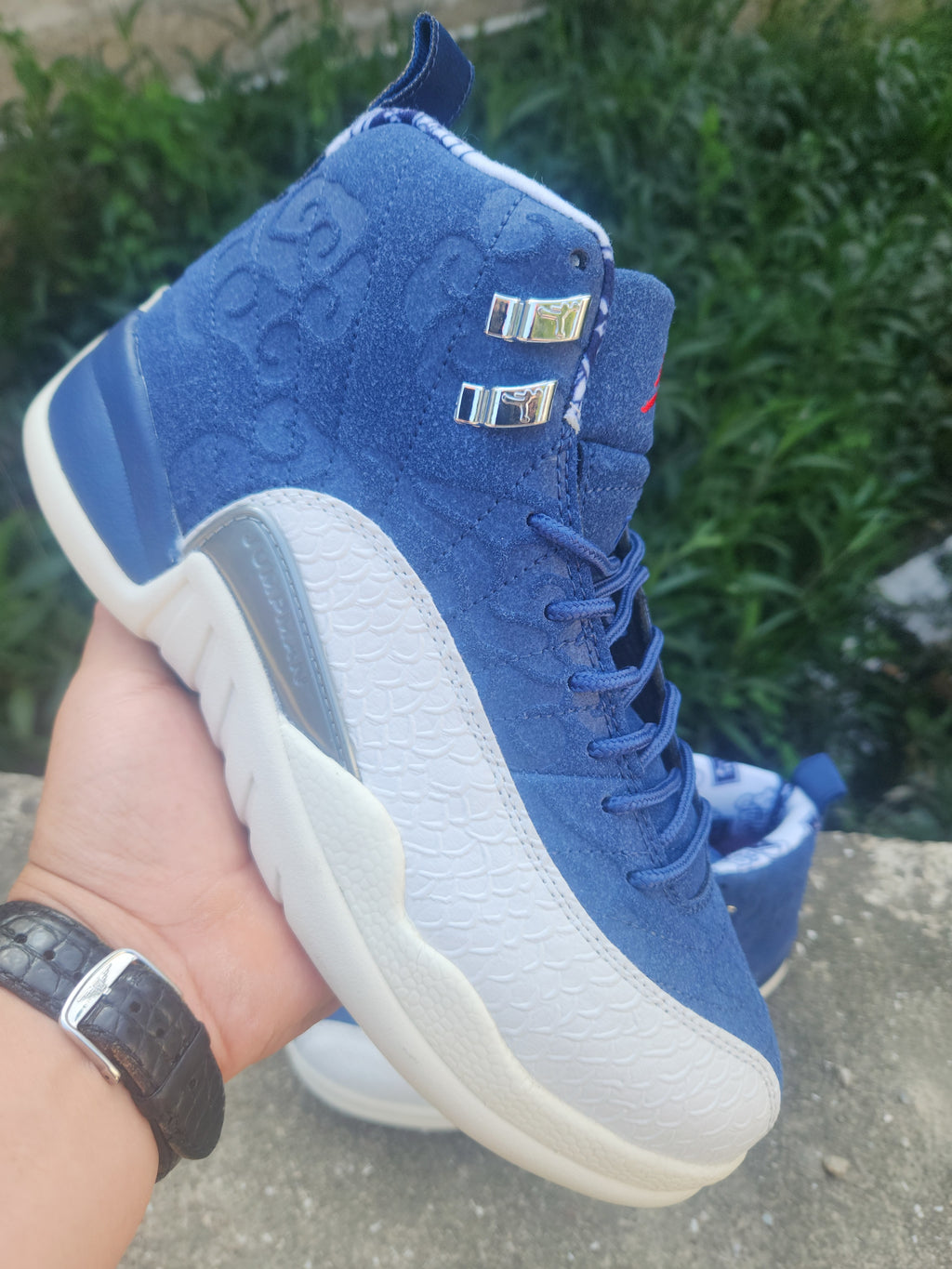 1209 — Jordan 12 “International Flight” — White/Navy — Design‑Inspired
