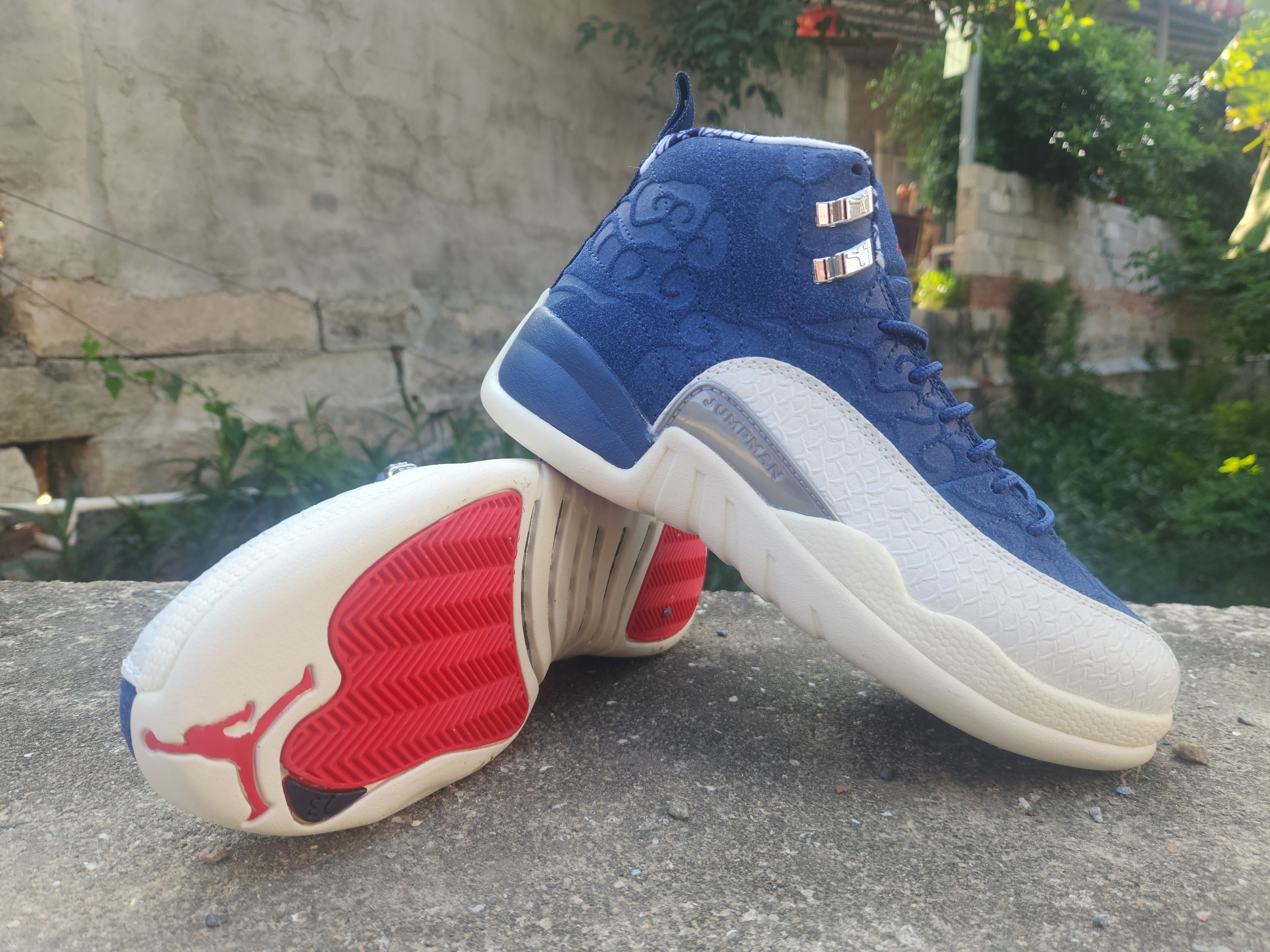 1209 — Jordan 12 “International Flight” — White/Navy — Design‑Inspired