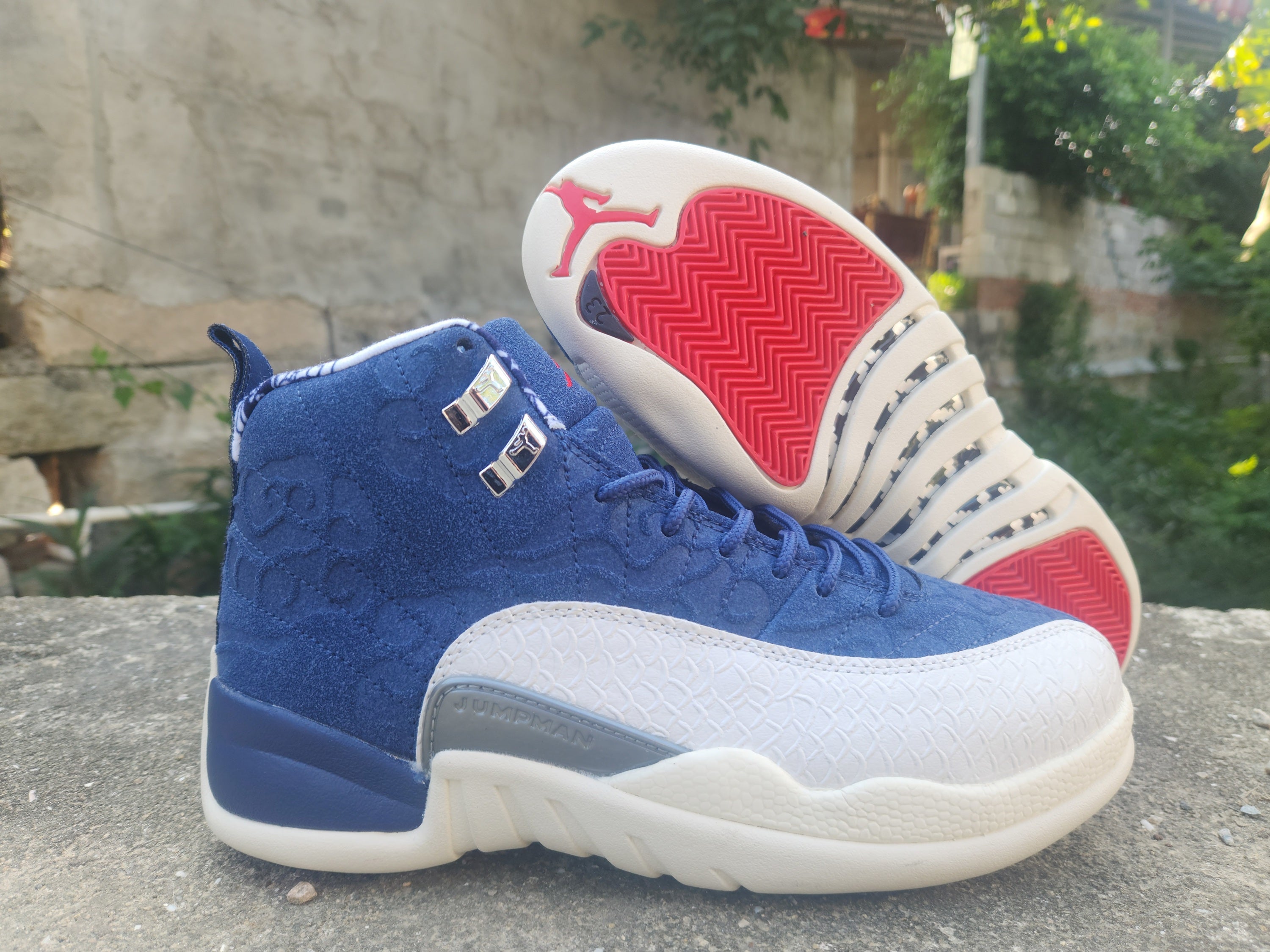 1209 — Jordan 12 “International Flight” — White/Navy — Design‑Inspired