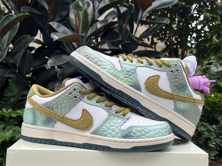 SBDNK‑012 — Nike SB Dunk Low “Chameleon Scales” — Green/Silver/Yellow — Design‑Inspired