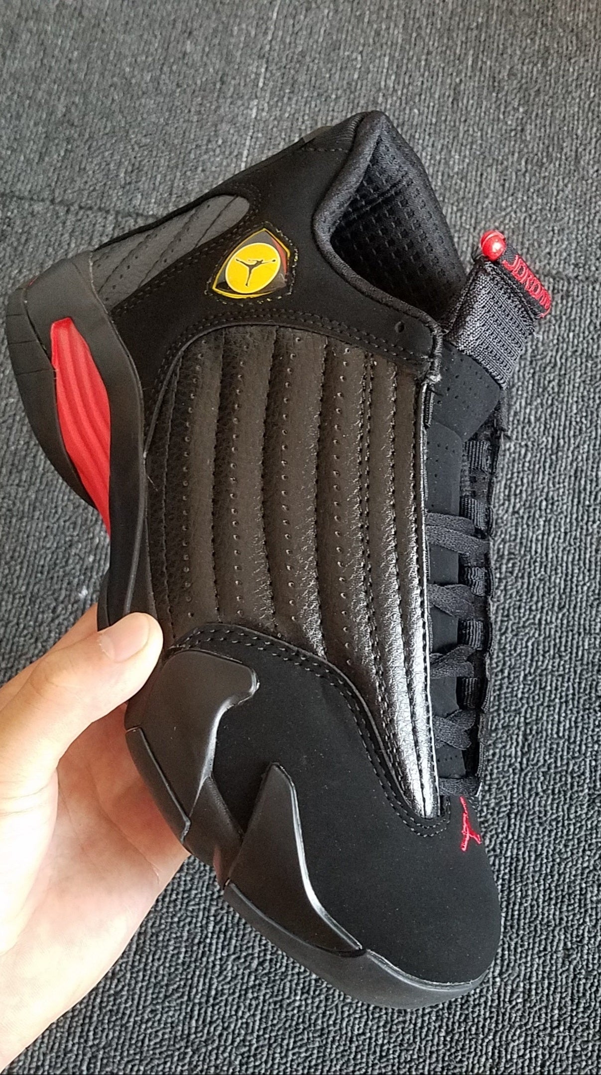 1404 — Jordan 14 “Last Shot” — Black/Varsity Red — Design‑Inspired