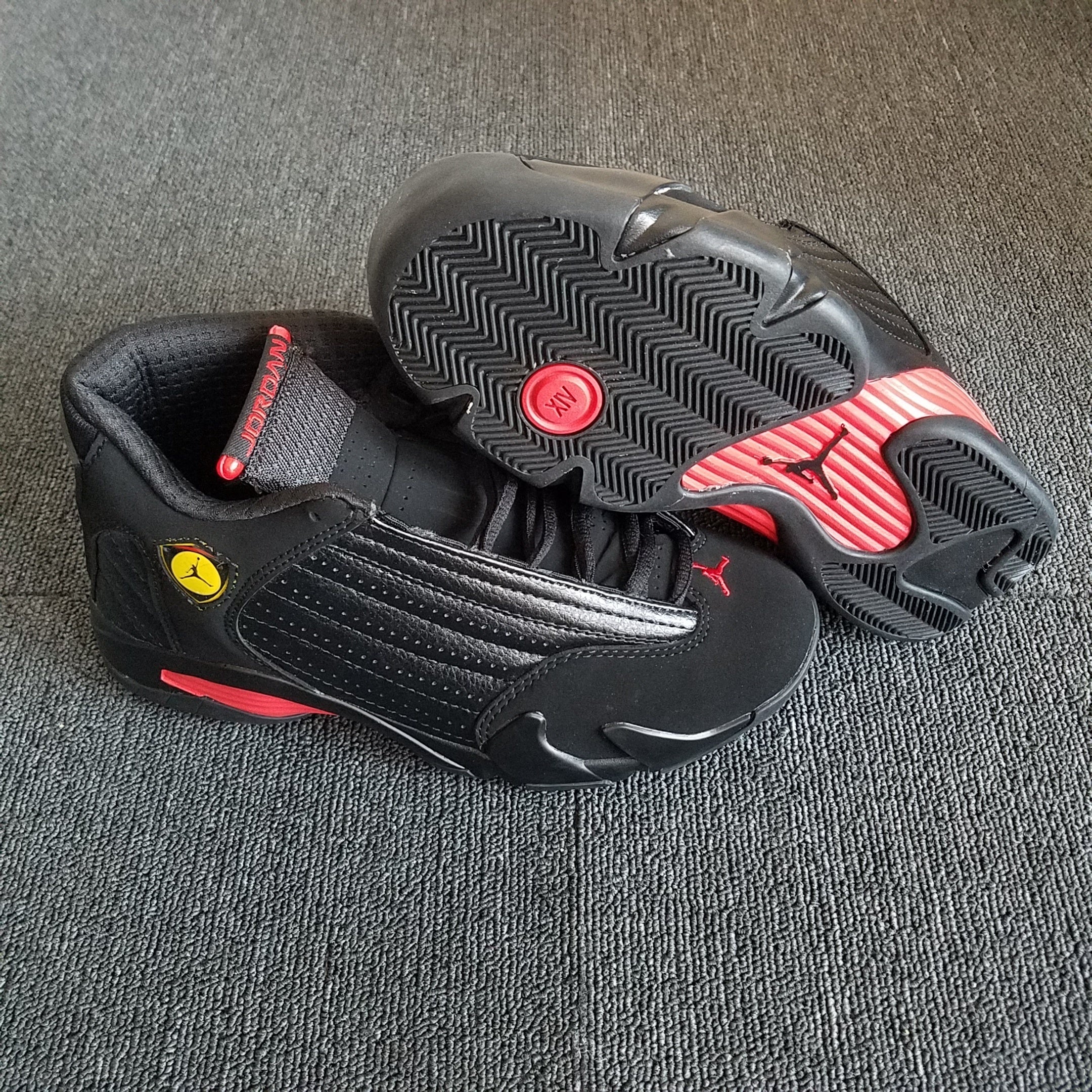 1404 — Jordan 14 “Last Shot” — Black/Varsity Red — Design‑Inspired